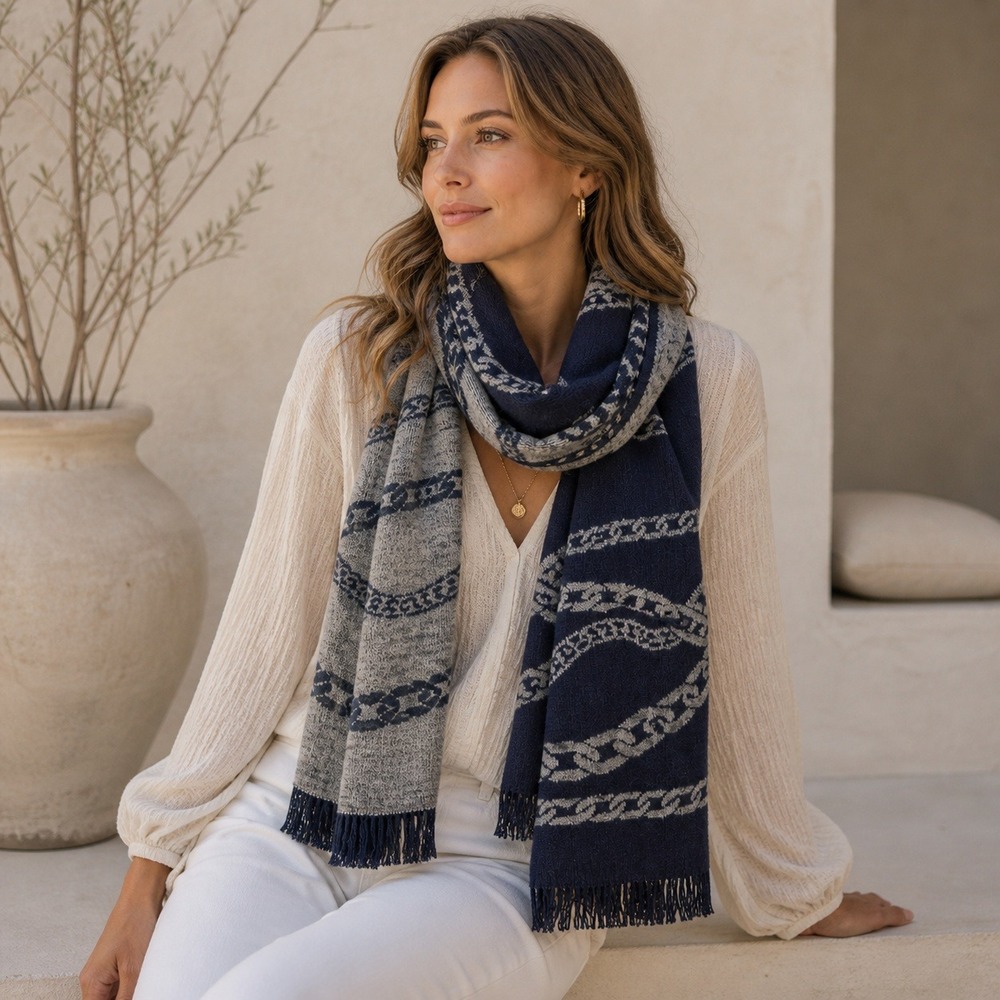 Preppy Coastal Knit Scarf Blue Gray Nautical Chain Reversible Knit Classic Chic